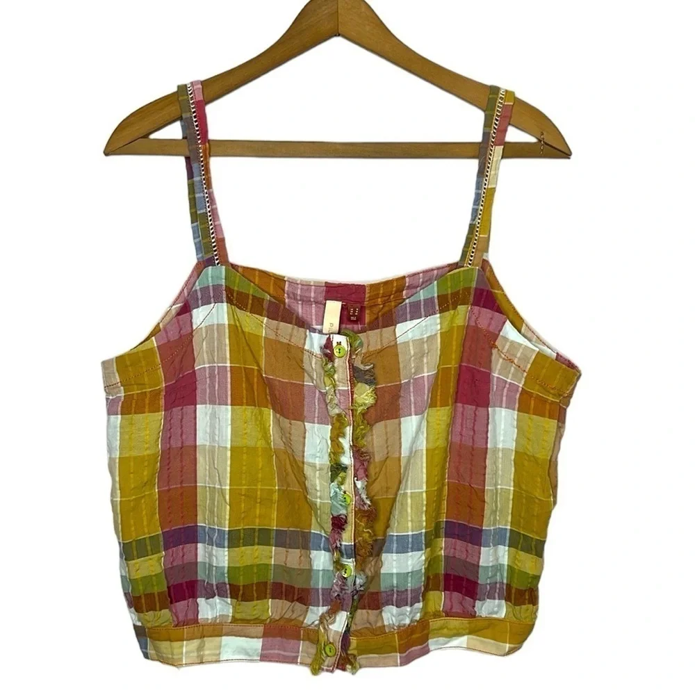 PILCRO Gingham Boho Plaid Button Down Cropped Smock Back Tank Top Blouse - Picture 14 of 14
